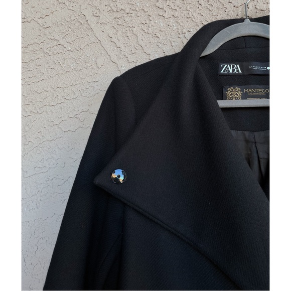 ZARA MANTECO Italian Luxury Wool Black Asymmetrical Belted Jacket Colins Coat M - Picture 15 of 16